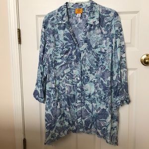 Ruby Road linen blue floral button down w details
